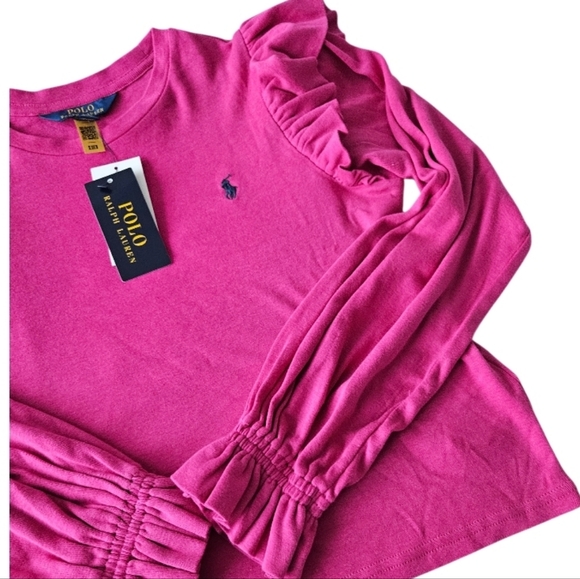 NWT Polo by Ralph Lauren Girls 12-14  Dark Fuchsia Ruffle Long Sleeve Tee - Picture 3 of 7